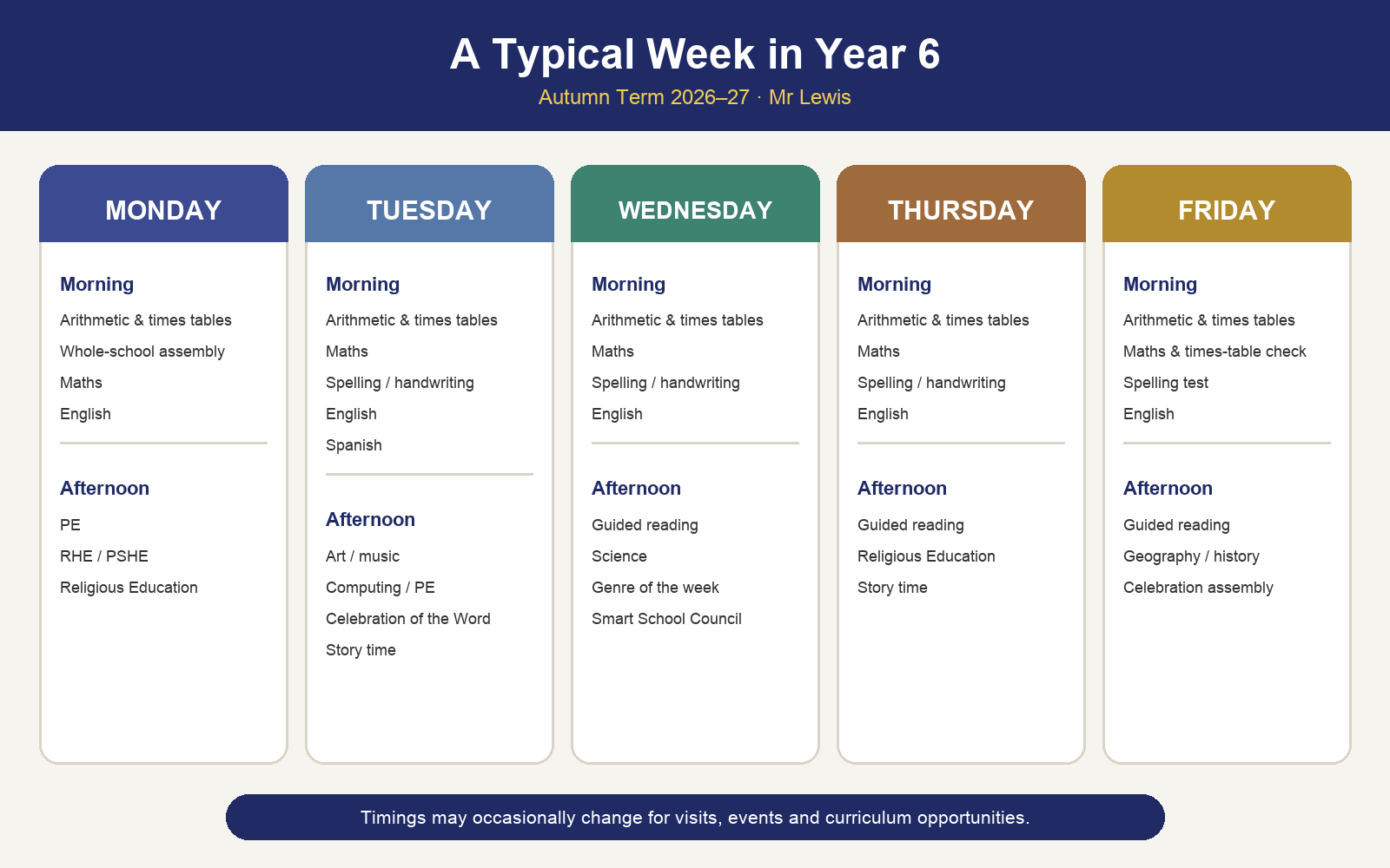A typical week in Year 6 during Autumn Term 2026–27